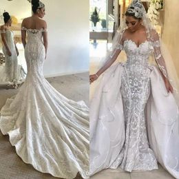 Atemberaubende 2024 Wunderschöne Meerjungfrau-Hochzeitskleider mit abnehmbarer Schleppe, schulterfreies Spitzen-Brautkleid, Vestidos, rückenfreies Dubai-Hochzeitskleid in Übergröße