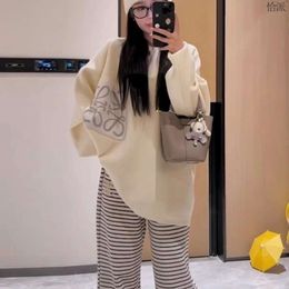 Lowes casual Korean version of lazy loose sweater top with drooping stripes and wide leg pants sport two-piece set for fashion 9E95