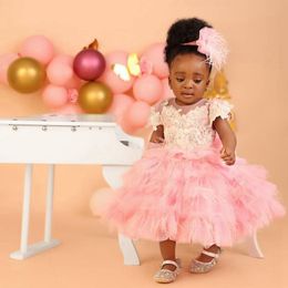 Feather Pink Flower Girl Dresses Sheer Neck Tiered Lace Short Sleeves Tulle Ball Gowns Flowergirl Dress Princess Queen Little Kids 1st Birthday Party Gowns NF033