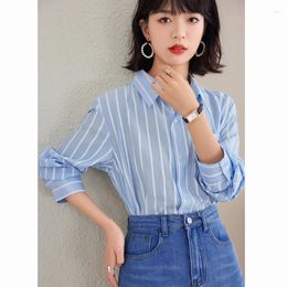 Women's Blouses Ladies Korean Fashion Casual Stripe Shirts Blouse Women Tops Woman Button Up Shirt Female Girls Long Sleeve BPyA2043
