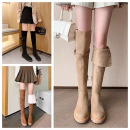 Fashion winter boots womens Knee boots Boot Black khaki Leather Over-knee Boot Party Flat Boots Snow booties Dark brown Thick he