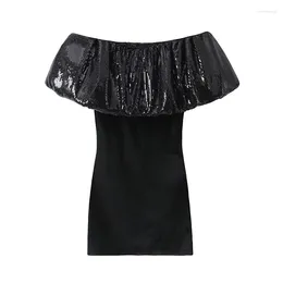 Party Dresses YENKYE Women Sexy Off Shoulder Sequin Trim Velvet Mini Dress Short Sleeve Female Black Christmas Vestidos