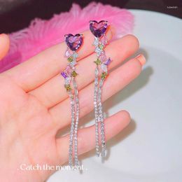 Dangle Earrings Korean Style Tassels Long Drop Inlay Purple Heart Zircon Luxury Women Wedding Engagement Anniversary Party Jewellery