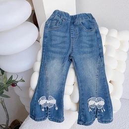 Trousers Flared Pants Girls Sweet Children 2024 Clothing Jeans Spring Fashionable Causal Lace Korean Trendy Elastic Waist