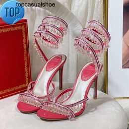 Rene caovilla Crystal Sandals Luxury Designer stiletto chandelier Rhinestone twining foot ring high heeled womens shoes narrow band 10CM heel Sandal