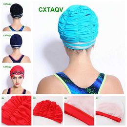 Swimming Caps Wholesale Double Material High Stretchy Pleated Swimming Pool Hat Women Long Hair Ear Protection High Grade Nylon Swimming Cap YQ240119
