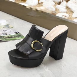 Designer sandals Women's high heels open-toed sandals Metal embellished cowhide fringe outdoor slippers