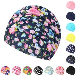 Swimming Caps JSJM New Swimming Cap Women Colourful Printed Swimming Hat Simple Solid Colour High Elastic Swim Pool Cap Waterproof Adults Hat YQ240119