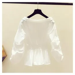 Women's Blouses Spring And Autumn Fashion Casual Elegant Solid Button V-neck Bubble Sleeve Pleated Corset Slim Fit Cardigan Tops