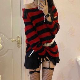 Women's Blouses Shirts New Punk Gothic Long Unisex Sweater Summer Women Striped Cool Hollow Out Hole Broken Jumper Loose Rock Thin Dark Streetwear Top YQ240120