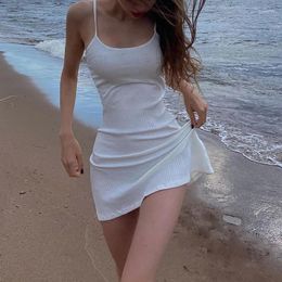 Casual Dresses Korean Solid High Elastic Knitted Camisole Summer Women's Dress 2024 Sexy Backless Skinny Low Cut MINI A-line