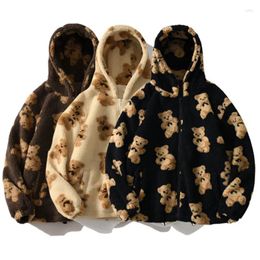 Women's Hoodies Autumn Winter Women Hooded Bear Print Zipper Fleece Thick Pockets Multi Colours High Street Chic Campus Cute Jacket S-XL