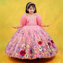 Girl Dresses Pink Tutu Flower Appliqued Tiers Tulle Ball Gown Little Kids First Birthday Party Pageant Weddding Dress For Pos