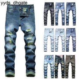 Purple Jeans Straight Men's Mens Ripped Slim Hip-Hop Patch Non-Stretch Denim Trousers Without Belt Multiple Styles Z13F