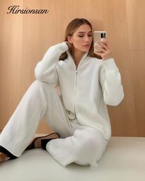 Hirsionsan Winter Thick Women Suits Soft 2 Pieces Female Sets Zip Cardigan Sweater Wide Leg Pants Soft Knitted Track Suit 240119