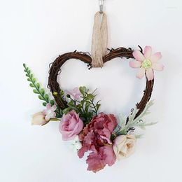 Decorative Flowers Artificial Wreaths Silk Heart-Shaped Hanging Window Front Door Decor Simulation Garland For Wedding Party Decoration