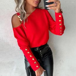 Women's Blouses Slant Shoulder Shirt Chic One Chain Decor Blouse Long Sleeve Solid Colour Pullover With Button Detail For Fall