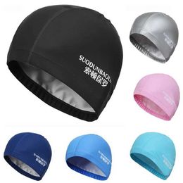 Caps New 2022 Ear Protection Long Hair Sports Elastic Waterproof PU Fabric Swimming Cap for Men and Women Adults YQ240119