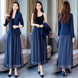 Work Dresses YASUGUOJI Fall Single Breasted Blazer With Mesh Dress Suits Women Slim 2 Piece Office Sets Suit Elegant