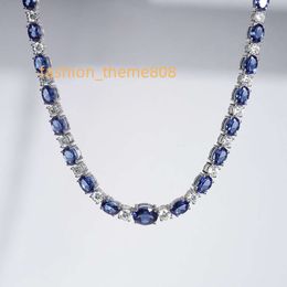 Starsgem New Style HIP POP Necklace 14K white Gold Lab Royal Blue Sapphire Mo issnite tennis chain bracelet