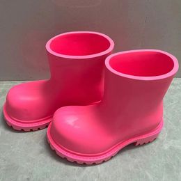 Luxury Designer Rubber Rainboots For Women Round Toe Slip On Mid-calf Boots Wsterproof Platform Shoes Female