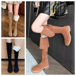 Fashion winter boots women Knee boots Tall Boot Black khaki Leather Over-knee Boot Party Flat Boots Snow booties Dark brown Lambhair Thick heeled high