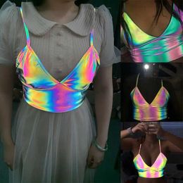 Women's Blouses Shirts Ladies Women Sleeveless Laser Colourful Reflective V Neck Slim Club Party Fashion Sexy Crop Tops Camis YQ240120