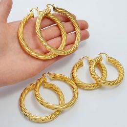 (1 Pair) 5CM 6CM 7CM 8CM African Big Earrings for Women Large Round Brass Twisted 14k Yellow Gold Earring Arab Ethiopian