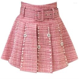 Skirts Fashion Small Fragrance Beading Tweed Pleated Mini Women High Waist Autumn Winter