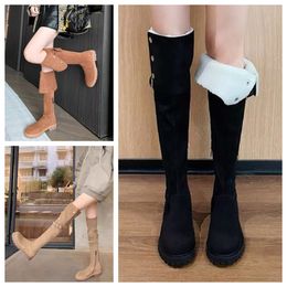 Fashion winter boots womens Knee boots Tall Boot Black khaki Leather Over-knee Boot Party Flat Boots Snow booties Dark brown Lambha Thick heeled