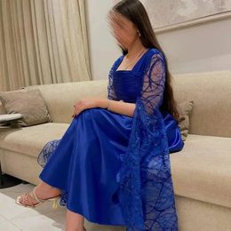 Party Dresses Royal Blue Satin Long Sleeves Prom Sheath Square Neck Ankle Length Saudi Arabia Women Evening Dress