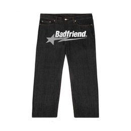 Mens Jeans Y2k Badfriend Hip Hop Letter Printed Black Pants Men Women Fashion Casual Rock Wide Foot Baggy Trouser Streetwear I3n1