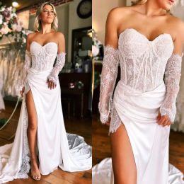 Boho Dresses with Detachable Long Sleeves Lace Satin Sweetheart Neckline Side Slit Sweep Train Beach Country Wedding Gown Plus Size Vestido De Novia