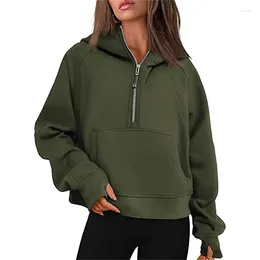 Women's Hoodies Cropped Half Zip Hooded Jacket Women Winter Tracksuit Warm Long Sleeve Top Sweatshirts Female Sports Loose Streetwear