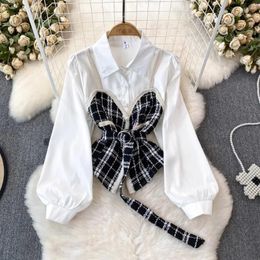 Women's Blouses False Two Pieces Of Women Blouse Arrival Turn-down Collar Lapel Single Plaid Patchwork Shirts Age-reducing Female Tops