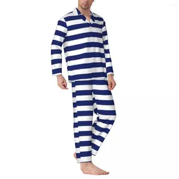 Men's Sleepwear Retro Nautical Pajama Set Autumn Navy Blue White Stripe Romantic Bedroom Man 2 Piece Casual Oversized Design Nightwear