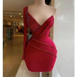 Sexy Red Short Prom Dresses One Shoulder Sweetheart Crystal Beaded Ruffles Pleated Mini Length Plus Size Evening Gowns Homecoming YD 328 328