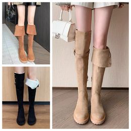 Fashion winter boots womens Knee boots Tall Boot Black khaki Leather Over-knee Boot Party length boot Flat Boots Snow booties Dark brown Lambhair thick