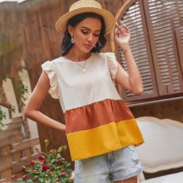 Women's T Shirts Summer O-Neck Sleeveless Colour Block T-Shirts Women Fashion Ruffle Casual Tees Street Indie Cottagecore Tops Aesthetic
