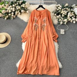 Casual Dresses Boho Maxu For Women Embroidery Puff Sleeve Lace-up O-neck Female Oversized Dress Loose Ladies Elegant Vestidos Dropship