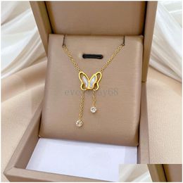 Pendant Necklaces 316L Stainless Steel Vintage White Shell Butterfly Necklace For Women Long Zircon Chain Tassel Elegant Jewelry Drop Dhvxv