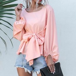 Women's T Shirts Spring 2024 Fashion E Girl Pink Casual T-Shirt Loose Bow Tie Lantern Sleeve Tops Women Clothing