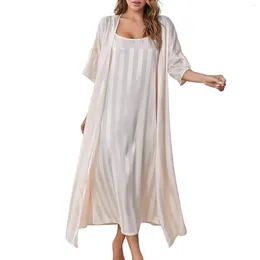 Women's Sleepwear Women Pyjama Set 3/4 Sleeve Open Front Robe With Long Slip Dress Striped Loungewear