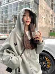 Women's Hoodies Embroidery Love Graphic Front Pocket Zipper Up Grey Sweatshirts Hooded Oversized Cardigan Outfit Fall Loose Top