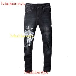 TREND amr 817i Street Letter Angel Pattern Denim Micro Cotone Elastico Jeans Skinny Neri