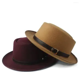 Berets 2024 Wool Pork Pie Hat For Women Men With Fashion Leather Dad Flat Fedora Lady Gambler Trilby Fascinator