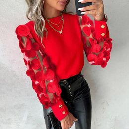 Women's Blouses Hollow Patchwork Sleeve Top Elegant Mesh Long Blouse With Flower Decor For Fall Spring Office Wear Women