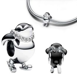 Sterling Sier Skiing Penguin Charm Bead Fit Original Bracelet Pendant Beads For Women Fine Jewellery Gift Making