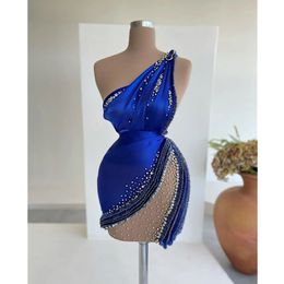 Blue 3D Floral Appliques Vestidos De One Shoulder Gala Removable Puff Sleeve Short Prom Dress For Homecoming Birthday Party YD