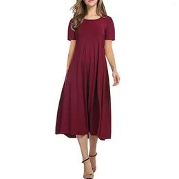 Casual Dresses Short Sleeve For Women Spring Summer Vestidos 2024 Female Crew Neck Solid Colour Pleated Loose Midi Dress